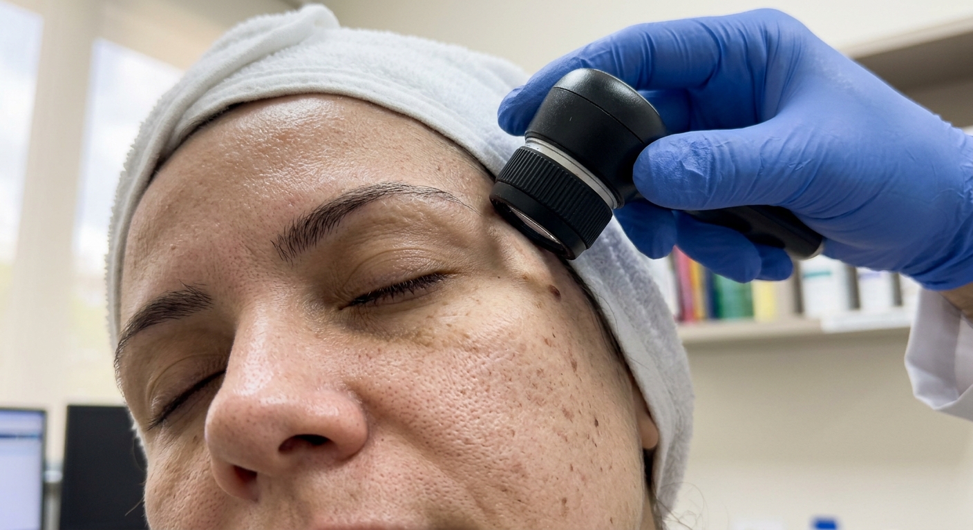 Dermatologista avaliando pele do rosto de paciente