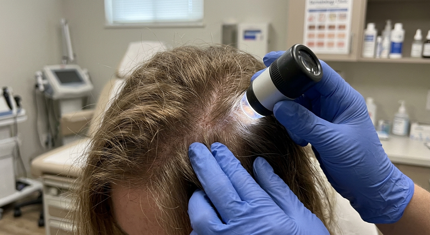 Dermatologista examinando couro cabeludo com dermatoscópio