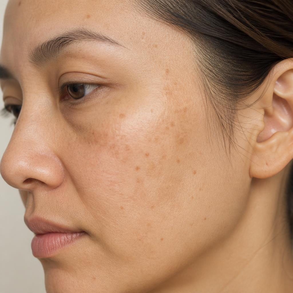 Pele do rosto com manchas e textura irregular antes do peeling
