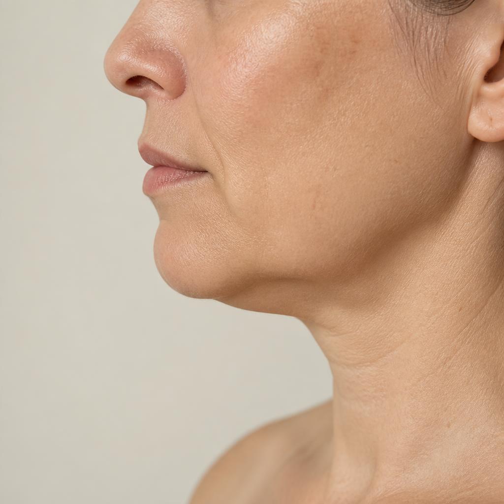 Perfil com contorno de mandíbula pouco definido antes do preenchimento